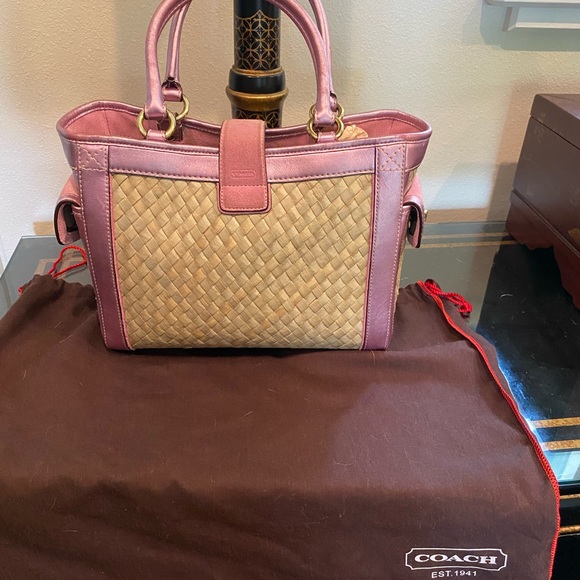 COACH STRAW/LEATHER HANDBAG PREOWNED Pink/tan - Picture 8 of 10